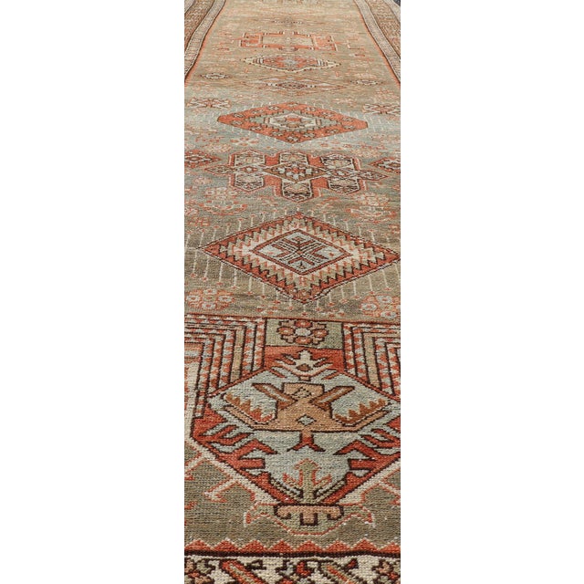 Antique Persian Long Serapi Runner With Multi Medallions in Green, Blue, Orange For Sale - Image 10 of 14