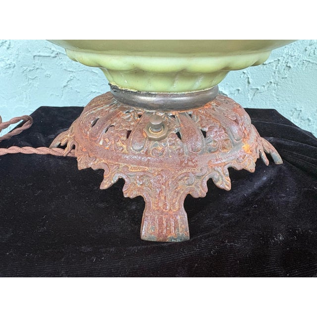 Metal Antique Victorian Electrified GWTW Oil Lamp With Hand-Painted Floral Double Glass Shades For Sale - Image 7 of 12