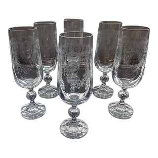 1950s Set of 6 Vintage Etched Crystal Champagne Glasses For Sale