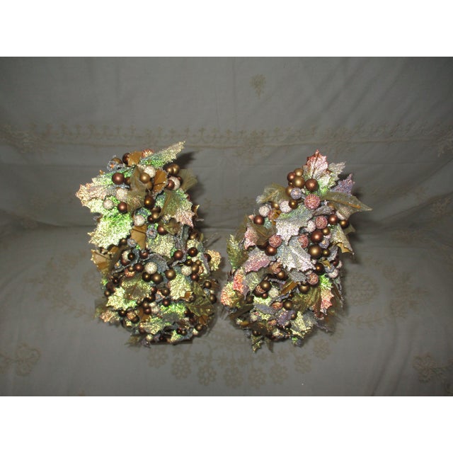 Vintage Christmas Gold, Green, Red Holly & Berry Topiary Trees For Sale In Columbia, SC - Image 6 of 10