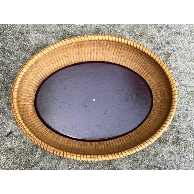 Vintage Rattan Woven Nantucket Basket With Wood Base For Sale - Image 11 of 12