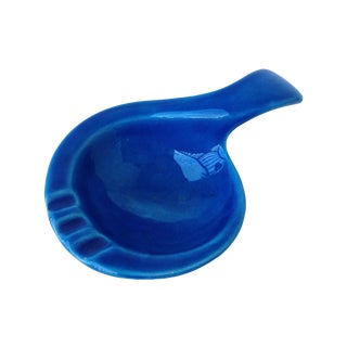 Mid-Century Italian Blue Crackle-Glazed Ashtray, Pipe Rest For Sale