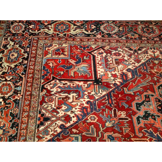 Textile Vintage Oversized Persian Heriz Serapi, Hand-Knotted, Geometric Medallion Pattern, Red & Blue, 11x15 For Sale - Image 7 of 11