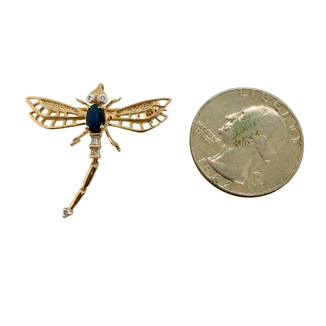 Vintage Articulated 14k Gold Dragonfly Brooch With Sapphire & Diamonds For Sale - Image 4 of 5