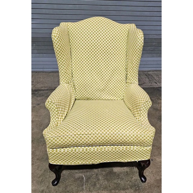 Queen Anne Mid 20th Century Queen Anne Style Mahogany Wing Chair Yellow Check Fabric Slipcover Made in Virginia For Sale - Image 3 of 8