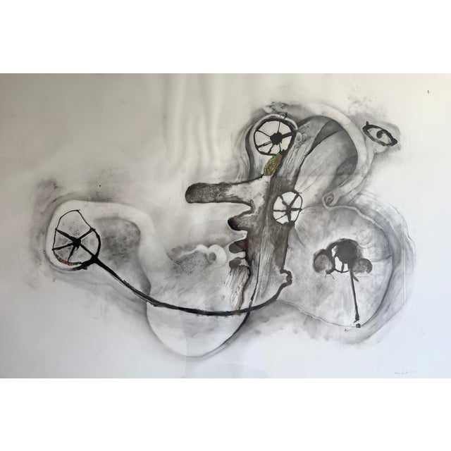 Large framed original abstracted painting/drawing by Nancy Reinker (American, b. 1936). Mixed media on mylar. Mounted and...