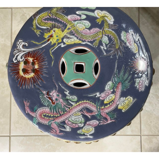 Ceramic Exquisite Vintage Chinese Famille Rose Porcelain Garden Seat With Dragon Motif For Sale - Image 7 of 12