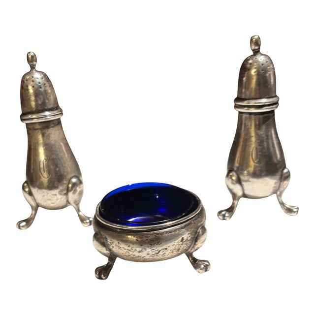 Antique Sterling Silver Figural Bird Salt & Pepper Shakers With Cobalt Glass Salt Cellar-Phili H. Stevens - 3pcs For Sale