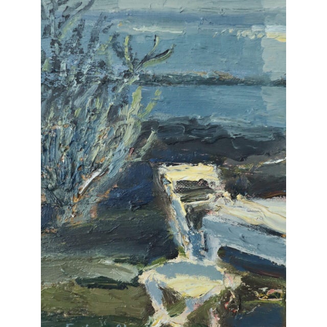 1981 Modernist 'Garden by the Water' Vintage Original Mini Landscape Oil Painting, Framed For Sale - Image 6 of 10