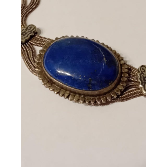 Metal Vintage Mid Century 1950s Silver Necklace Pendant Lapis Lazuli Cabochon Gemstone Collar Choker Blue Handmade For Sale - Image 7 of 12
