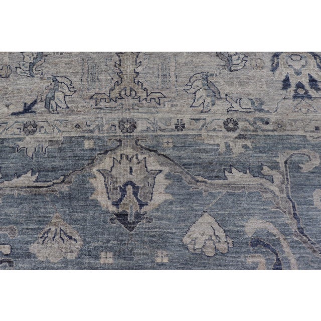 Traditional Turkish Angora Oushak Rug With Steel Blue Field and Light Gray Border For Sale - Image 3 of 14