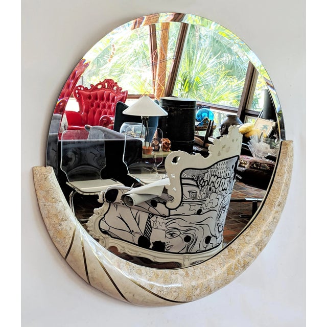 Tessellated stone wall mirror with inlaid brass strips. Unusual design. Missing Maker's label.