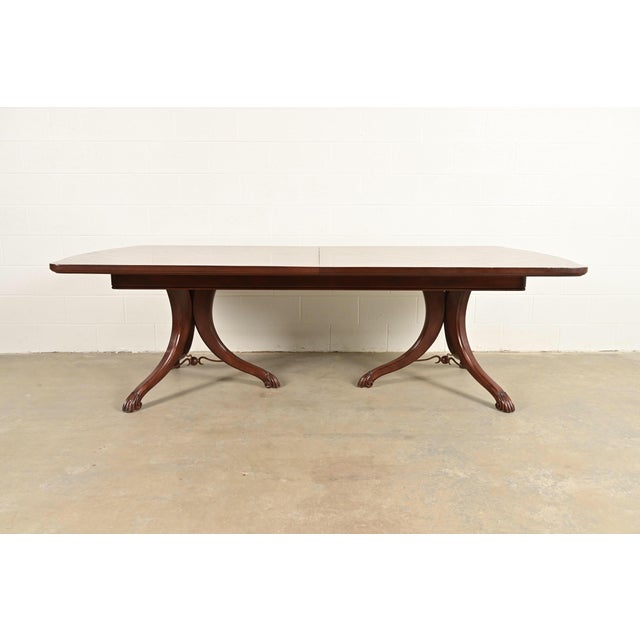 Italian Provincial Carved Cherry Wood and Inlaid Brass Double Pedestal Extension Dining Table by Emanuel Morez For Sale In South Bend - Image 6 of 13