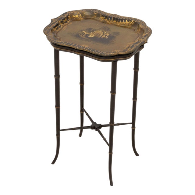 Victorian Papier Mache Tray Top Faux Bamboo Table For Sale