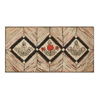 1930s Camel Geometric Folk Art Antique American Hooked Rug 2' 0'' X 3' 10'' Woven Wool Carpet For Sale