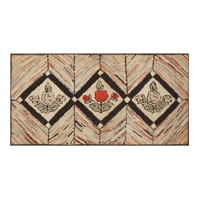 1930s Camel Geometric Folk Art Antique American Hooked Rug 2' 0'' X 3' 10'' Woven Wool Carpet For Sale