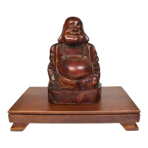 Early Century Wood Carved Sitting Happy Laughing Buddha on Wooden Base Statue