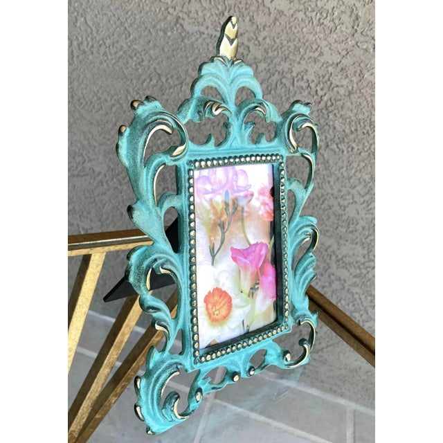 Circa 1980 Baroque-Style Verdigris & Gilt Acanthus Leaf Cast Iron Easel Back Picture Frame For Sale In Austin - Image 6 of 12