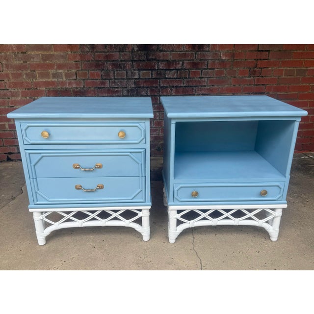 Mid-Century Modern Vintage Palm Beach Regency Ficks Reed Attributed Faux Bamboo Rattan Nightstands - Newly Painted - A Pair For Sale - Image 3 of 11