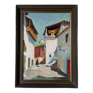1989 Vintage Spanish-Mediterranean Street Scene — Oil on Canvas Painting, Signed For Sale