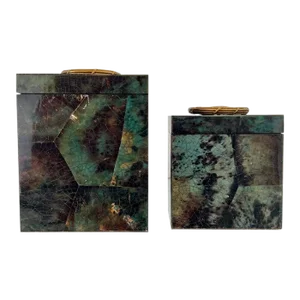 Pair of Mosaic Green Penshell Boxes With Brass Accents by Maitland Smith