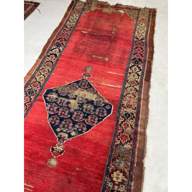 Persian Late 19th Century Late 19th Century Ancient Kurdish Reds Aubergine & Emerald Green Runner Rug 4.3 X 11.10 For Sale - Image 3 of 12