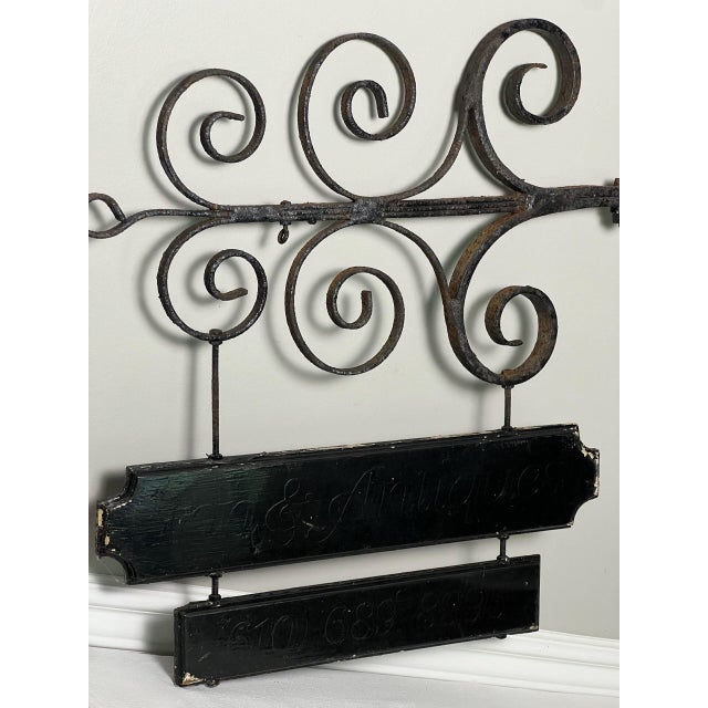 Large Antique Wrought Iron Bracket With Two-Tier Wooden Sign, "Inn & Antiques" For Sale - Image 4 of 10