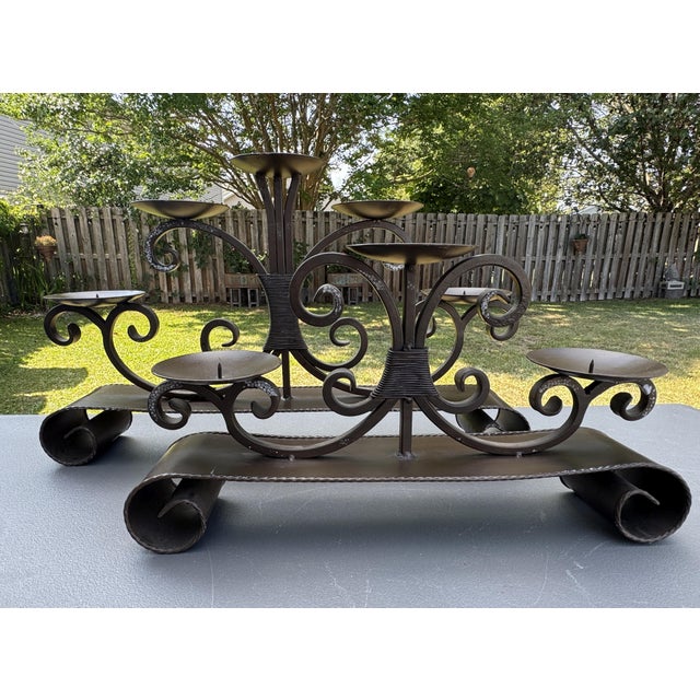 Offering for sale this gorgeous pair of bronzed (wrought) iron multi-pillar candelabra fireplace mantel candle holders...