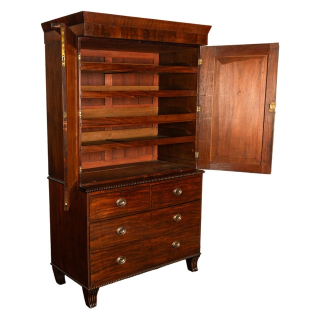 Early 19th Century Antique 19thC Flame Mahogany Georgian Regency English Linen Press Chest 1800 For Sale - Image 5 of 16