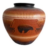 Authentic Acoma Etched Pottery With Bear Motif- Signed J. R. Diane Aragon For Sale