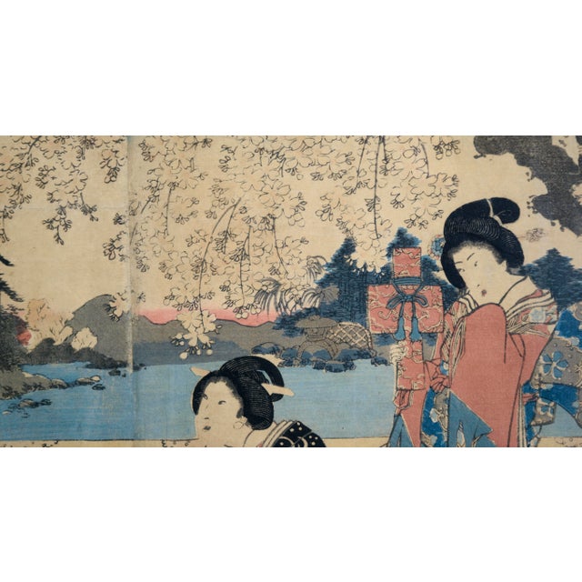 Tan Elegant Amusements of Eastern Genji - Japanese Triptych Woodblock Print on Paper by Utagawa Kunisada (Toyokuni Iii) For Sale - Image 8 of 11