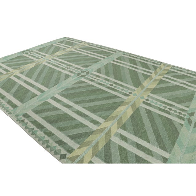 Rug & Kilim Rug & Kilim’s Scandinavian Style Rug in Teal Blue and Green Geometric Patterns For Sale - Image 4 of 7