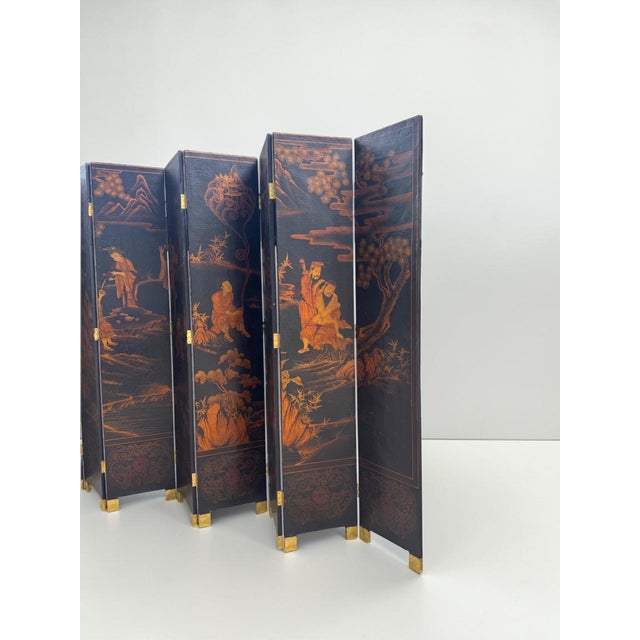 Large Chinese Eight-Panel Black Lacquer Folding Screen With Scholar Landscape, Circa 1925–1940 For Sale - Image 13 of 13