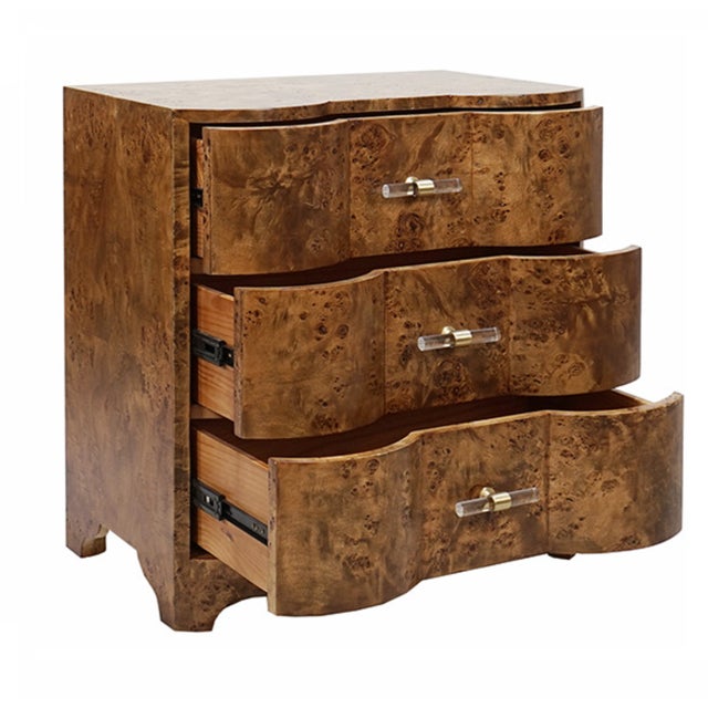 2020s Matthew Izzo Home Dark Burlwood Three Drawer Side Table With Acrylic and Brass Drawer Pulls For Sale - Image 5 of 8