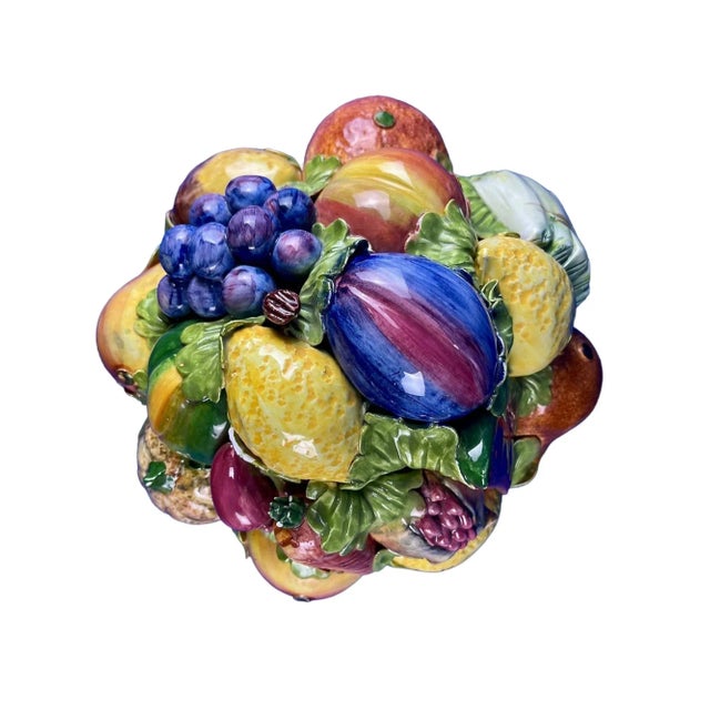 Realism Large Vintage Terra Cotta Glazed Della Robbia Ceramic Woven Basket With Fruit Assortment For Sale - Image 3 of 8