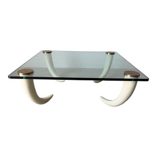 Vintage Faux Elephant Tusk & Brass Cup Glass Coffee Table For Sale