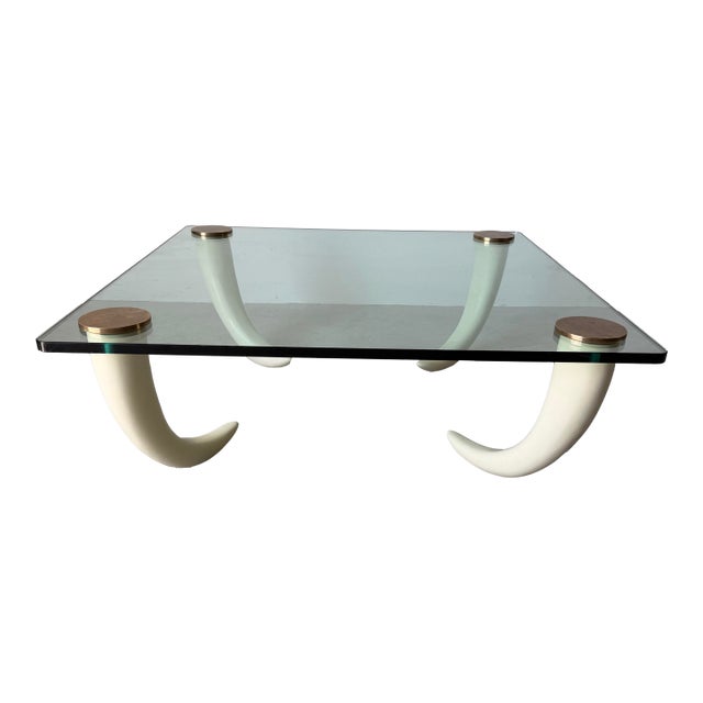Vintage Faux Elephant Tusk & Brass Cup Glass Coffee Table For Sale