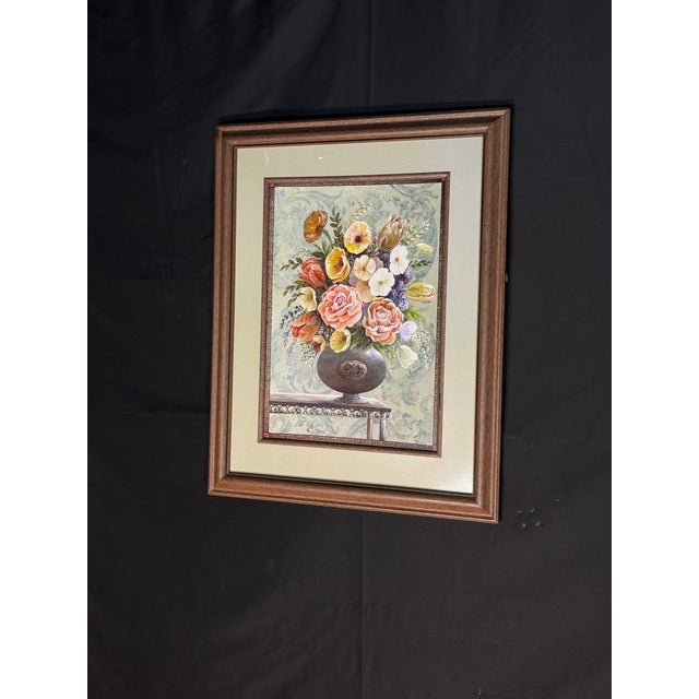 Late 20th Century Classic Floral Still Life Wall Art With Green Mat For Sale - Image 5 of 7