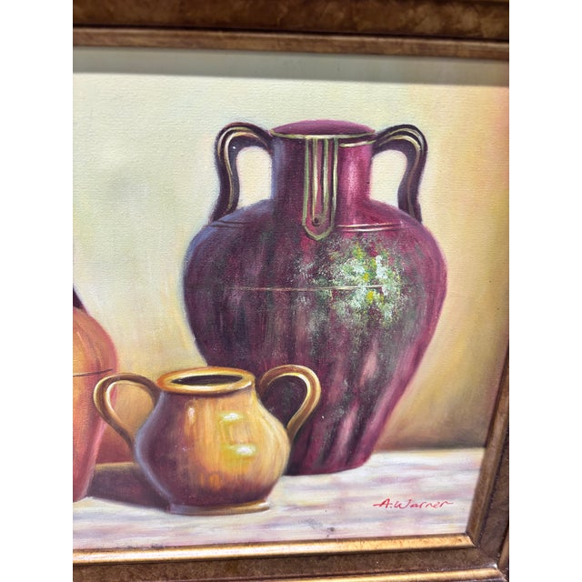 Traditional Framed Still Life Canvas Painting Signed by A. Warner, Featuring a Composition of Three Earthy Ceramic Jars and Vessels. For Sale - Image 3 of 9