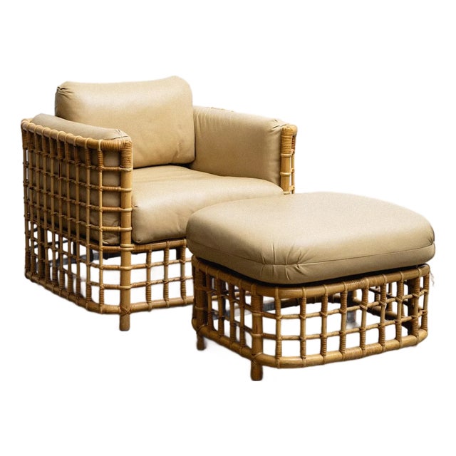 Rattan & Leather Chair With Ottoman Attributed to Henry Olko For Sale