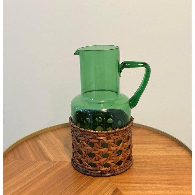 Green Vintage Green Blown Glass Pitcher With Wicker Basket Wrap – Possibly Empol For Sale - Image 8 of 13