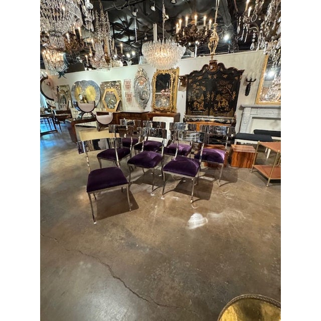 Silver Set of MCM Chrome Klismos Chairs With Purple Velvet For Sale - Image 8 of 8