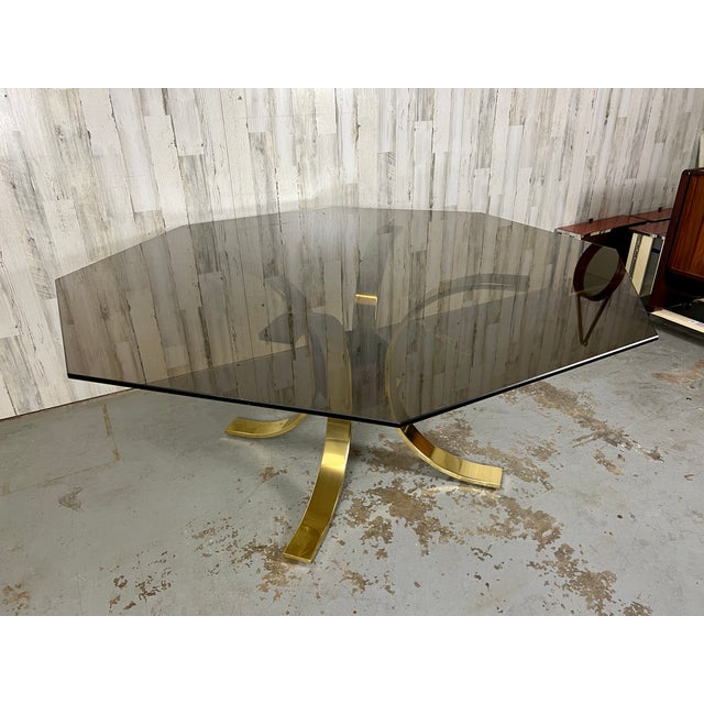 1980s Mastercraft Style Brass, Burl, & Smoked Glass Dining Table For Sale - Image 4 of 13