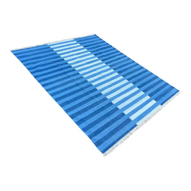 Handmade Cotton Area Rug, Natural Vegetable Dyed, Indigo Blue Striped Rug - 12'x15' For Sale