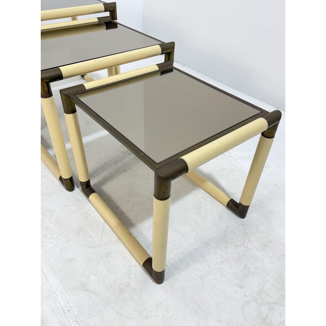 Metal Enameled Metal and Brass Coffee Tables in the style of Tommaso Barbi, 1970, Set of 3 For Sale - Image 7 of 17