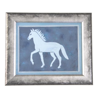 Horse Minimalsim Folk Art Americana Boho Abstract Blue Gray With Border Original Oil Painting by Cleo Plowden For Sale