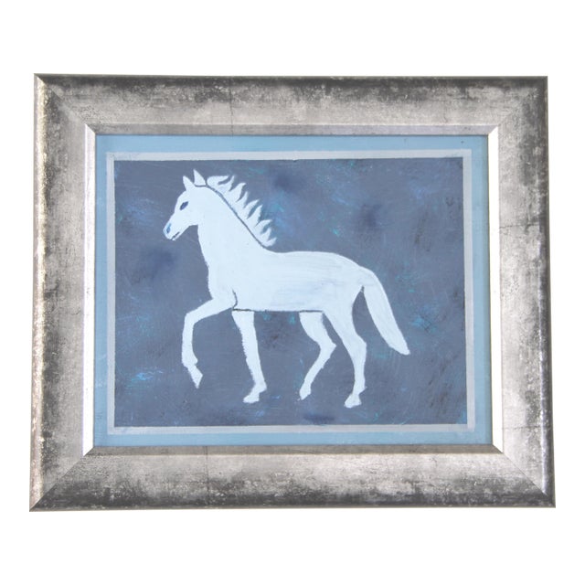 Horse Minimalsim Folk Art Americana Boho Abstract Blue Gray With Border Original Oil Painting Cleo Plowden For Sale