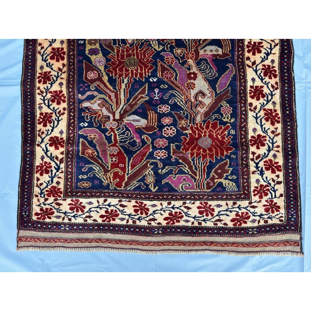 1990s Afghan Peacock Area Rug, Hand-Knotted Wool, Floral, 4x6, Indigo & Magenta For Sale - Image 5 of 13