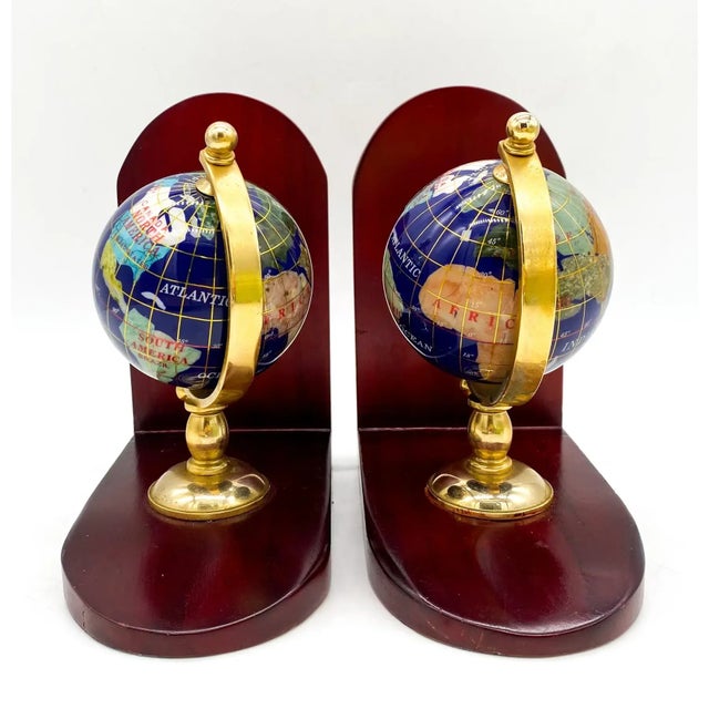 Vintage Semi-Precious Stone Globes on Wood Bookends- A Pair For Sale In Houston - Image 6 of 10