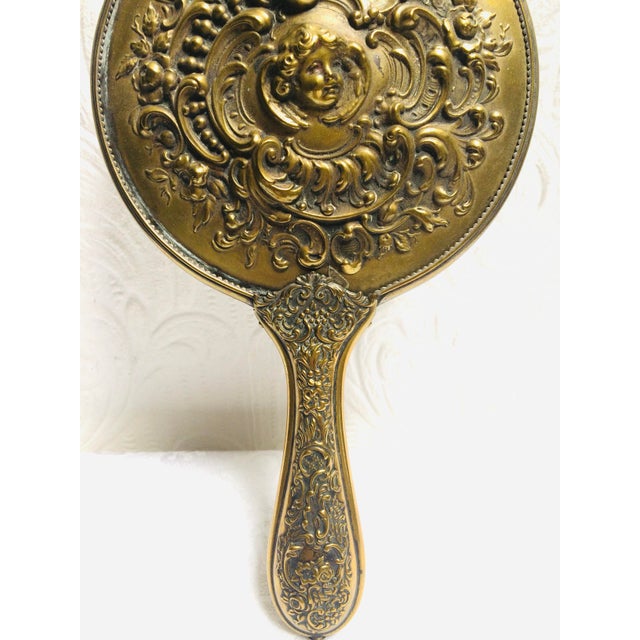 Late 19th Century 1890’s Antique Victorian Gold Hand Mirror Angel Face For Sale - Image 5 of 9